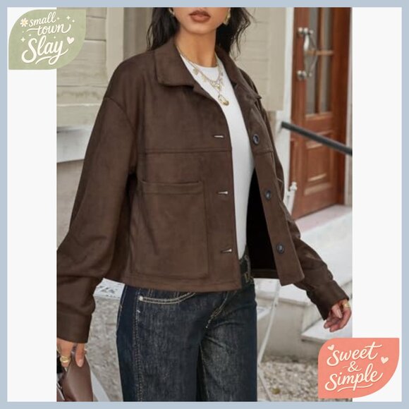 Cropped Faux Suede Jacket Lapel Collar Button Down Casual Winter Shacket - Picture 3 of 6